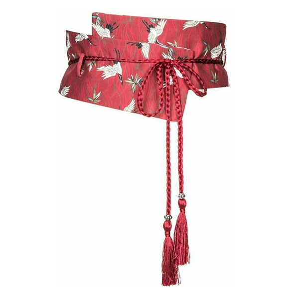 Accessories - Silky Red Crane Print Japanese Obi Belt w Tassels